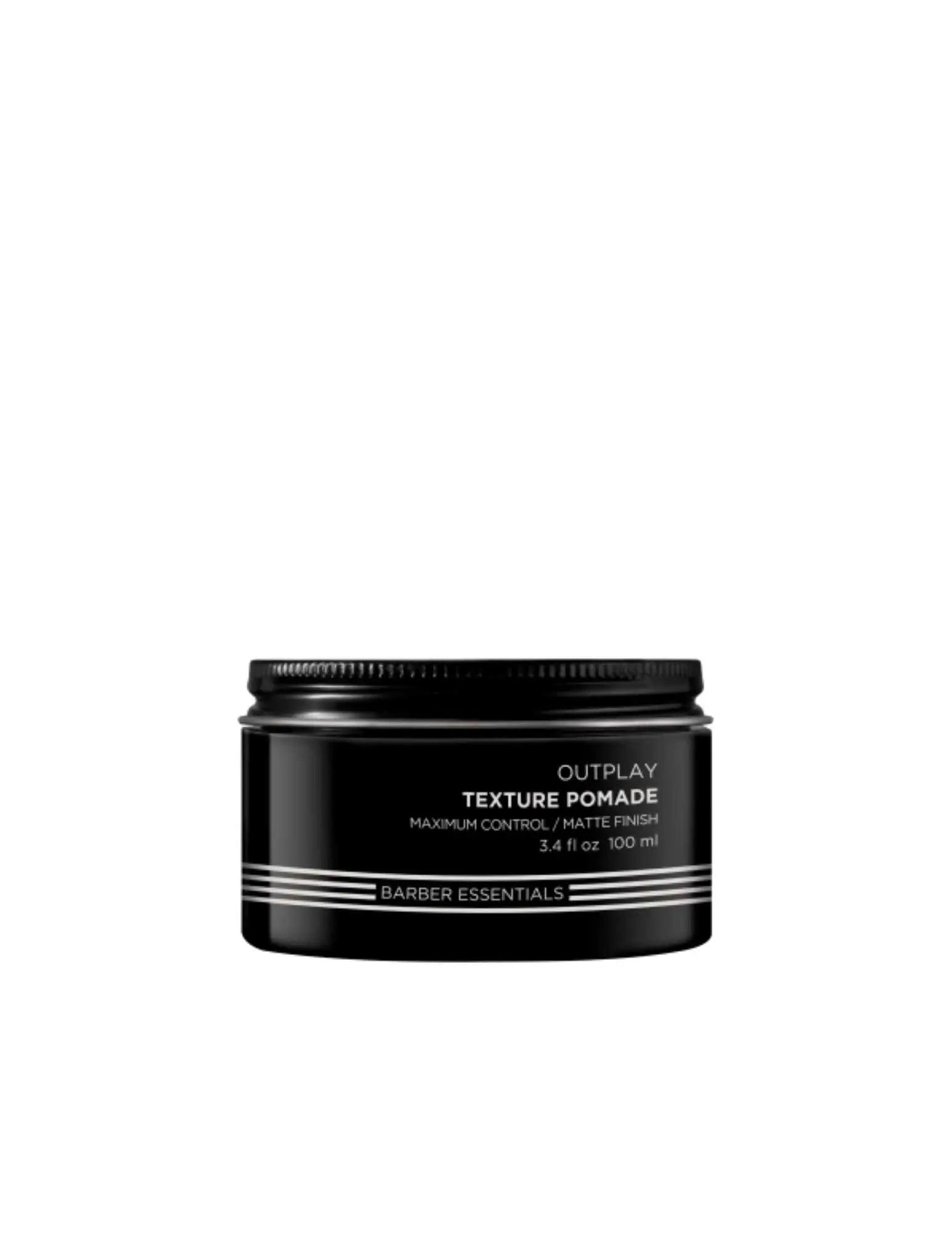 Redken Brews Outplay Texture Pomade jar for men's hairstyles, offering maximum control and matte finish, 100ml.