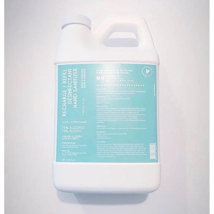 Refill bottle of hand sanitizer with aloe and cucumber scent, featuring 70% alcohol content and emergency cleansing details.