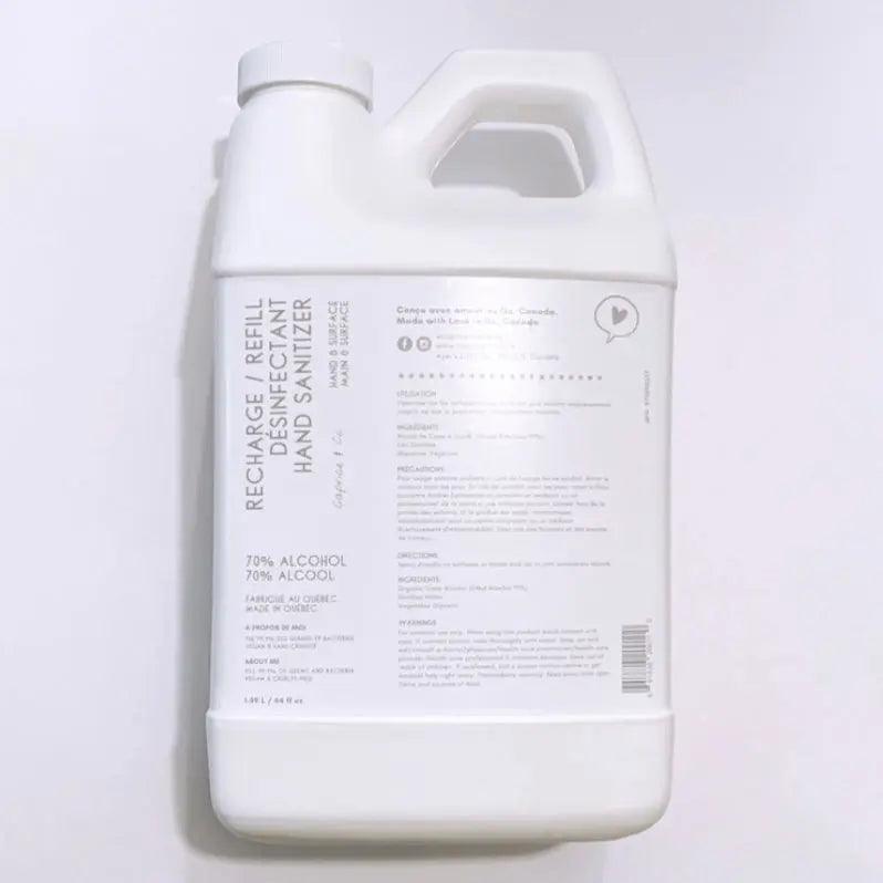Refill hand sanitizer jug, disinfectant, 70% alcohol, 66.5 fl oz, certified by Health Canada for effective germ elimination.