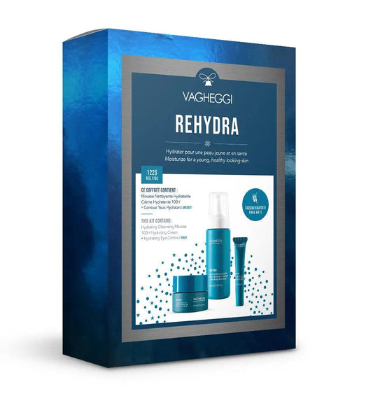 Rehydra Christmas Gift Set by Vagheggi featuring hydrating cleansing mousse, cream, and eye contour for healthy skin.