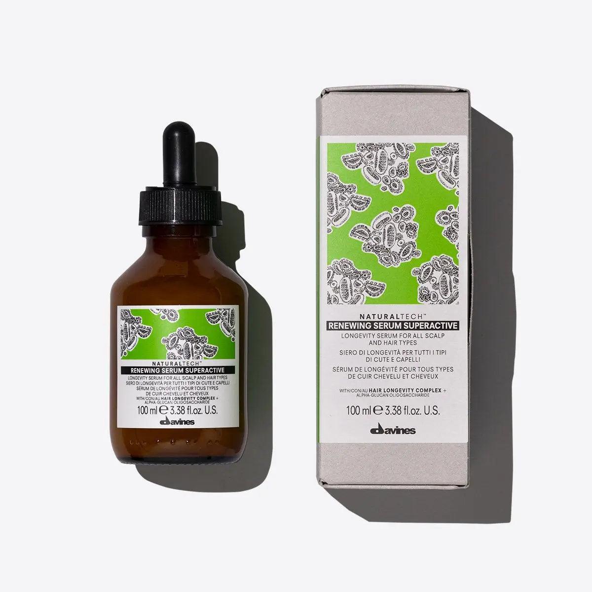 Renewing Serum Superactive bottle and box, professional longevity serum for healthy scalp and hair care.