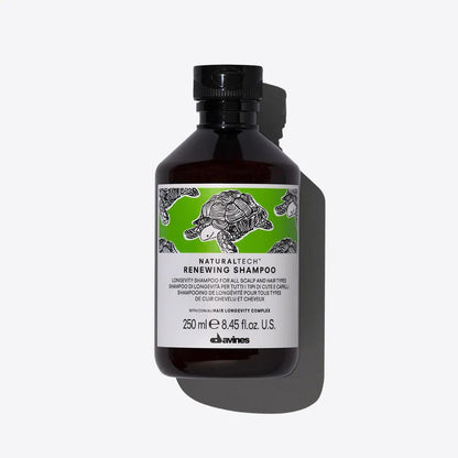 Renewing Shampoo bottle by Davines, 250ml, suitable for all hair types, promoting scalp wellbeing and shine.