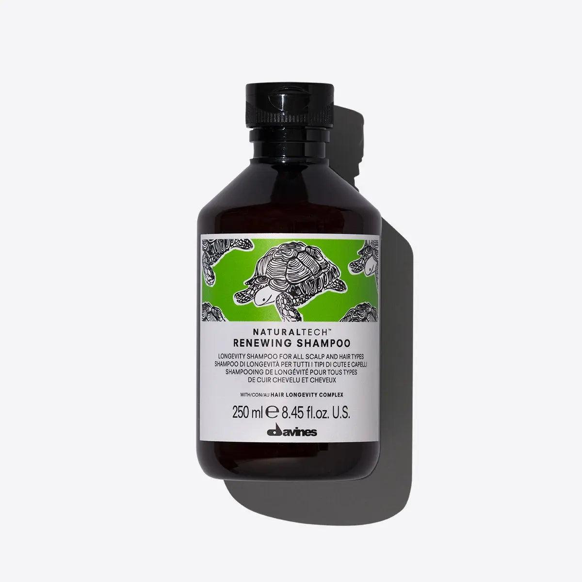 Bottle of Davines Naturaltech Renewing Shampoo for all scalp and hair types, promoting longevity and shine.