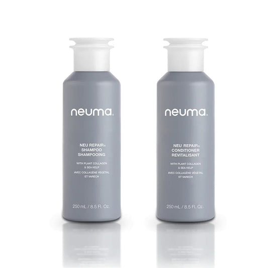 Neu Repair Duo shampoo and conditioner bottles, 250 mL each, designed for nourishing and repairing hair.