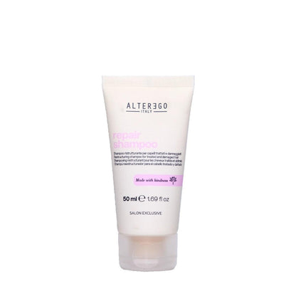 Alter Ego Repair Shampoo 50ml tube, sulfate-free, gently cleanses and strengthens hair for shiny, healthy locks.