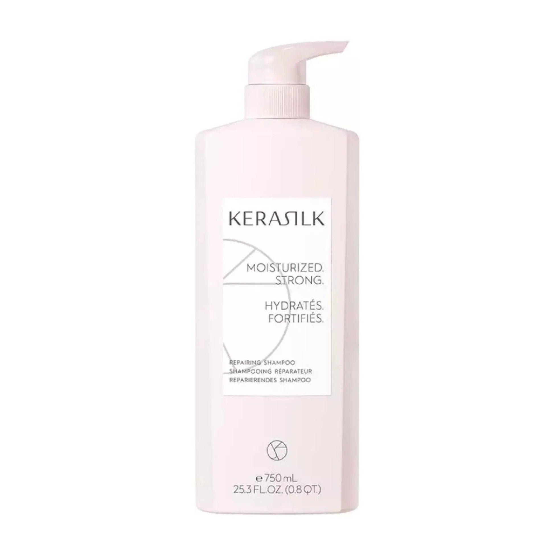 Kerasilk Reparing Shampoo bottle, 750ml, designed to hydrate and fortify damaged hair.