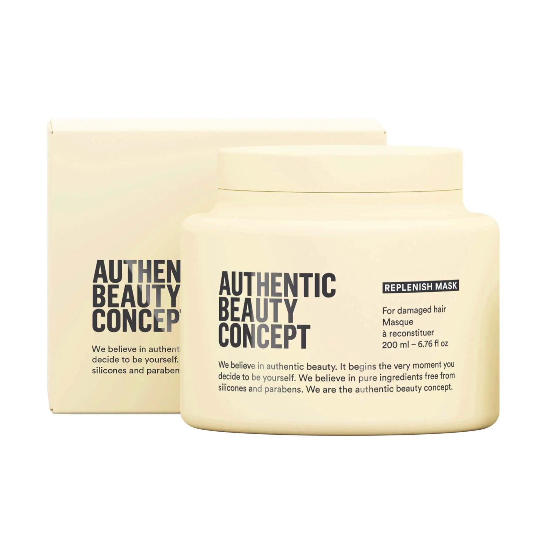 Authentic Beauty Concept Replenish Mask for damaged hair, 200ml jar, free from silicones and parabens, cruelty-free and vegan.