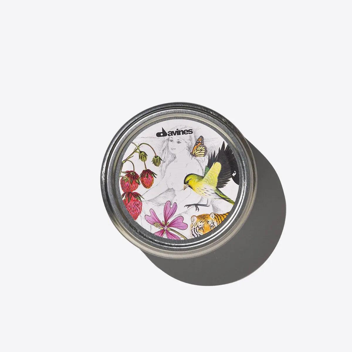Replenishing Butter jar with colorful floral and bird design by Davines, perfect for moisturizing hair and skin.