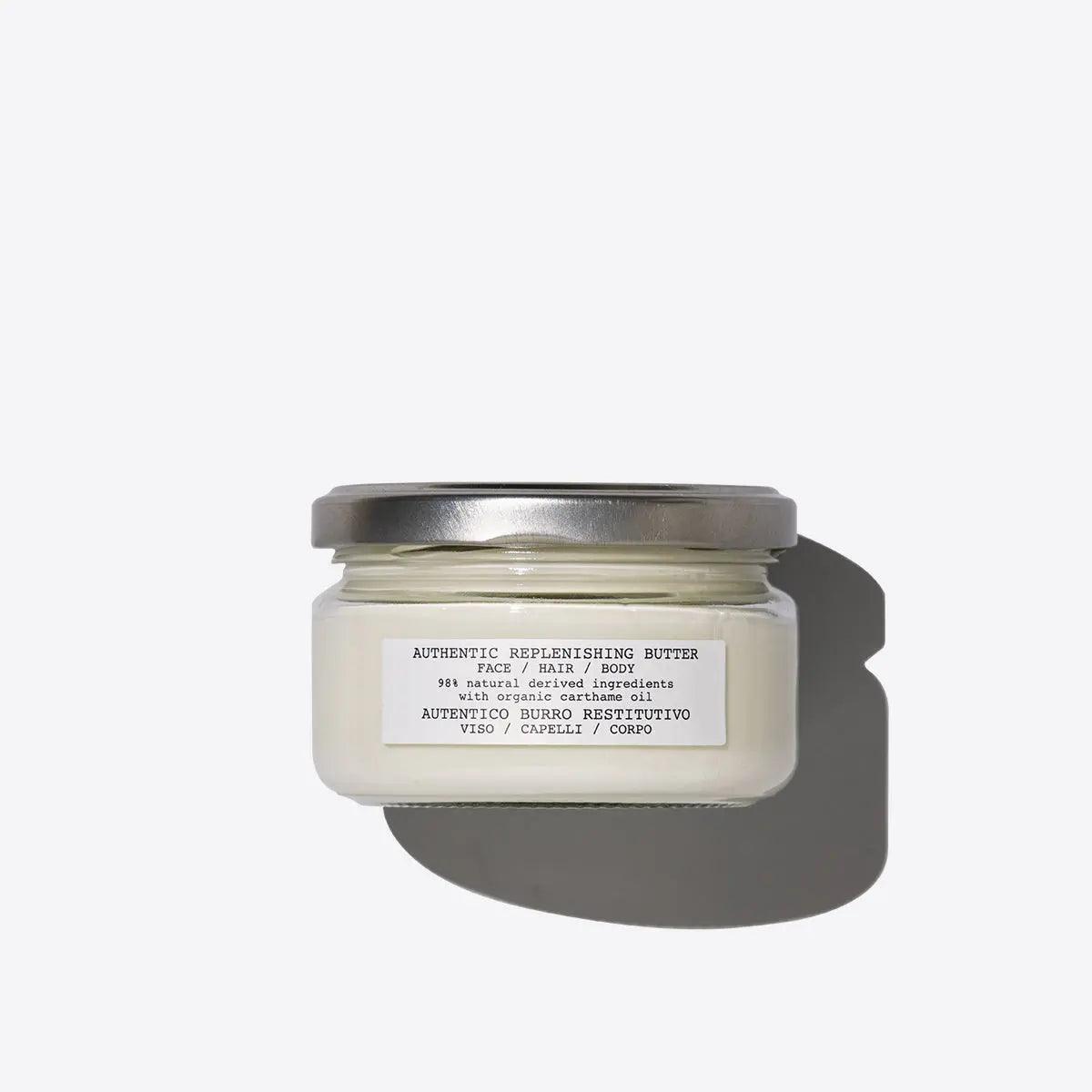 Authentic Replenishing Butter jar for deep moisturizing hair and skin, suitable for all types. Natural ingredients.