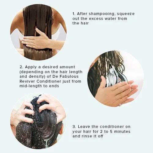 Steps for using De Fabulous Reviver Hair Repair Conditioner after shampooing for optimal hair restoration.
