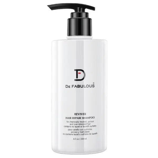 Reviver Hair Repair Shampoo by De Fabulous in a sleek bottle, enriched with vitamin E for damaged hair restoration.