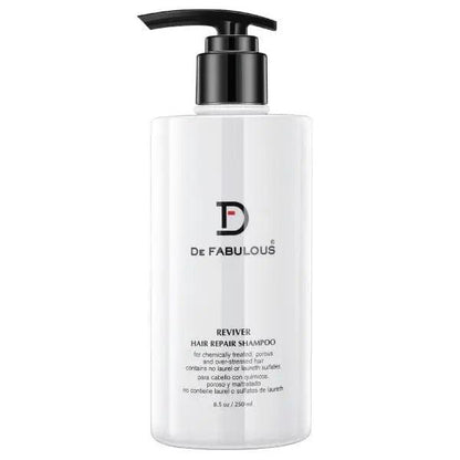 Reviver Hair Repair Shampoo by De Fabulous in a sleek bottle, enriched with vitamin E for damaged hair restoration.