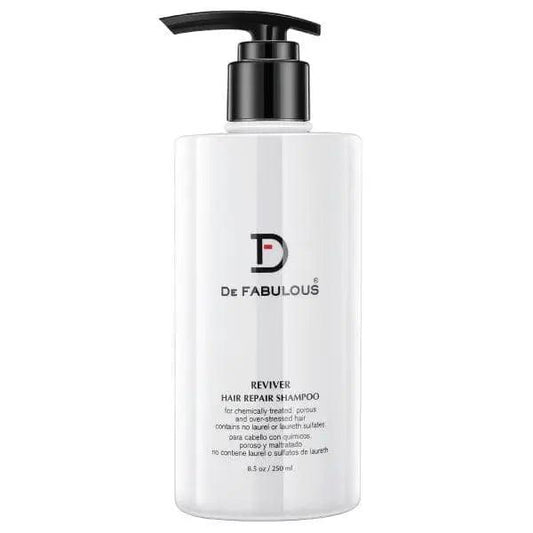 Reviver Hair Repair Shampoo by De Fabulous in a sleek bottle, enriched with vitamin E for damaged hair restoration.