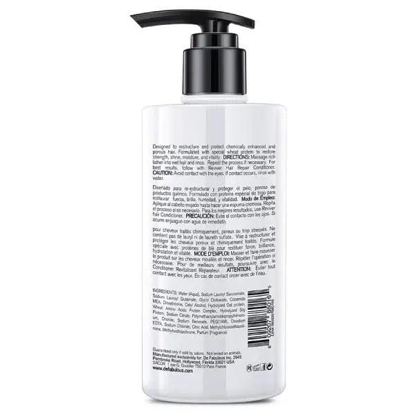 Reviver Hair Repair Shampoo bottle with pump, featuring detailed label and ingredients list for hair repair and nourishment.