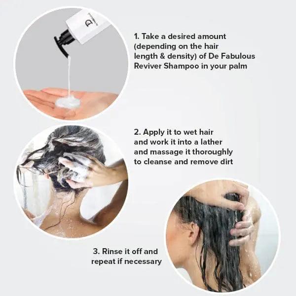 Steps to use De Fabulous Reviver Hair Repair Shampoo for cleansing and nourishing damaged hair effectively.