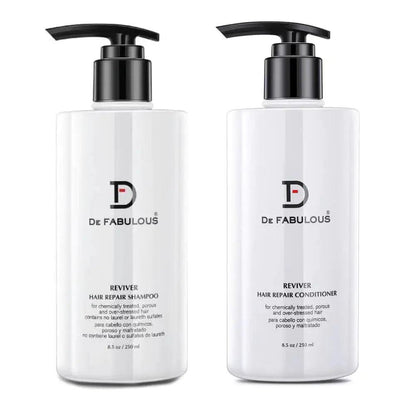 Reviver Hair Repair Shampoo and Conditioner duo for chemically treated porous hair, featuring a protein complex for restoration.