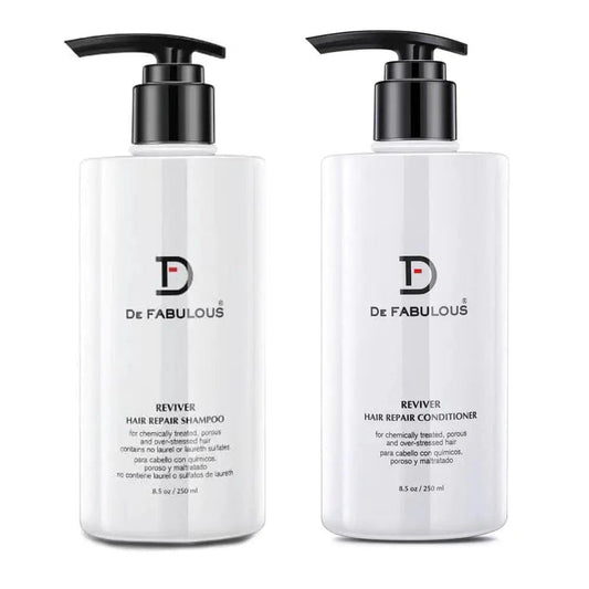 Reviver Hair Repair Shampoo and Conditioner duo for chemically treated porous hair, featuring a protein complex for restoration.