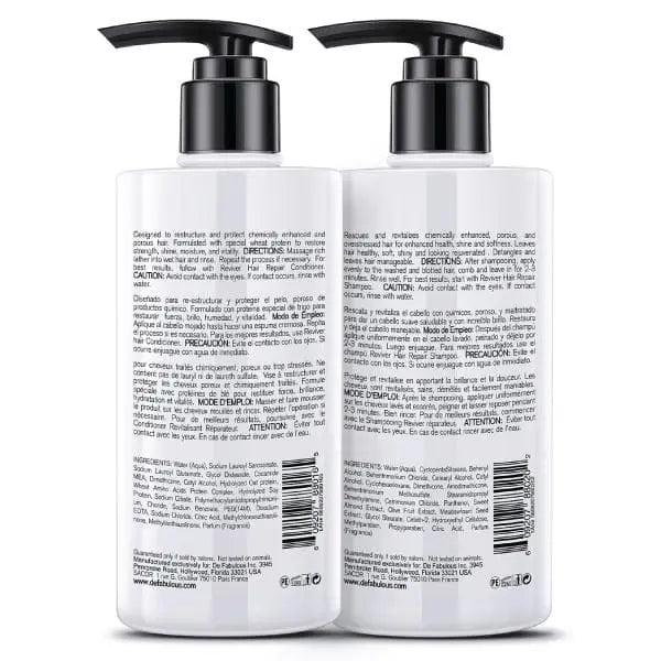 Reviver Hair Repair Shampoo and Conditioner bottles showcasing ingredients and instructions for chemically treated hair care.