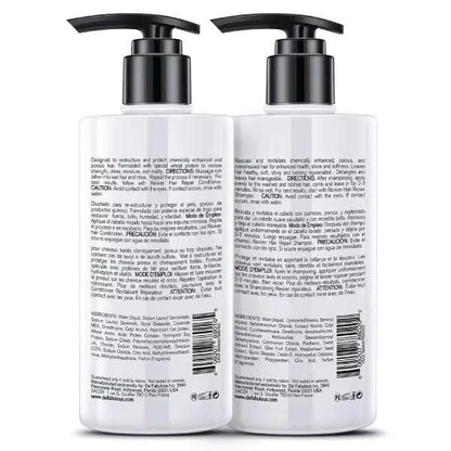 Reviver Hair Repair Shampoo and Conditioner bottles showcasing ingredients and instructions for chemically treated hair care.