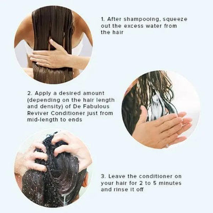 Step-by-step guide for using Reviver Hair Repair Conditioner after shampooing, showing hair application techniques.