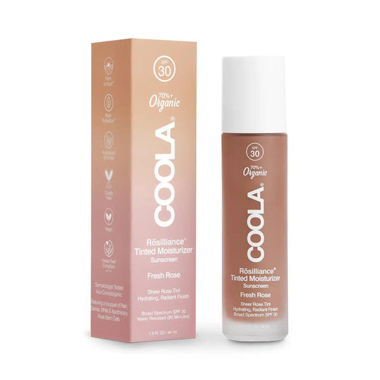Rōsilliance® Tinted Moisturizer Organic Sunscreen SPF 30 Fresh Rose, in packaging, promoting a radiant, makeup-free look.