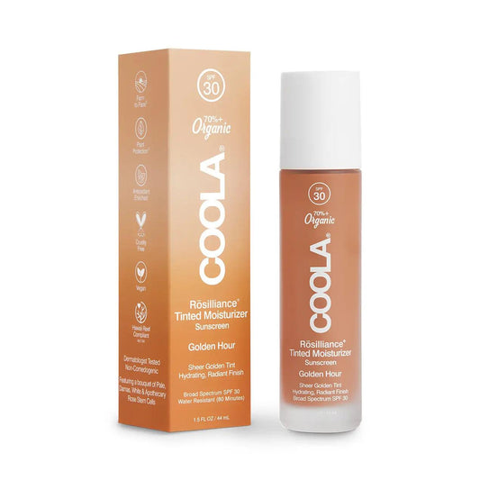 Rōsilliance® Tinted Moisturizer Organic Sunscreen SPF 30 in Golden Hour packaging and bottle for radiant, fresh skin.