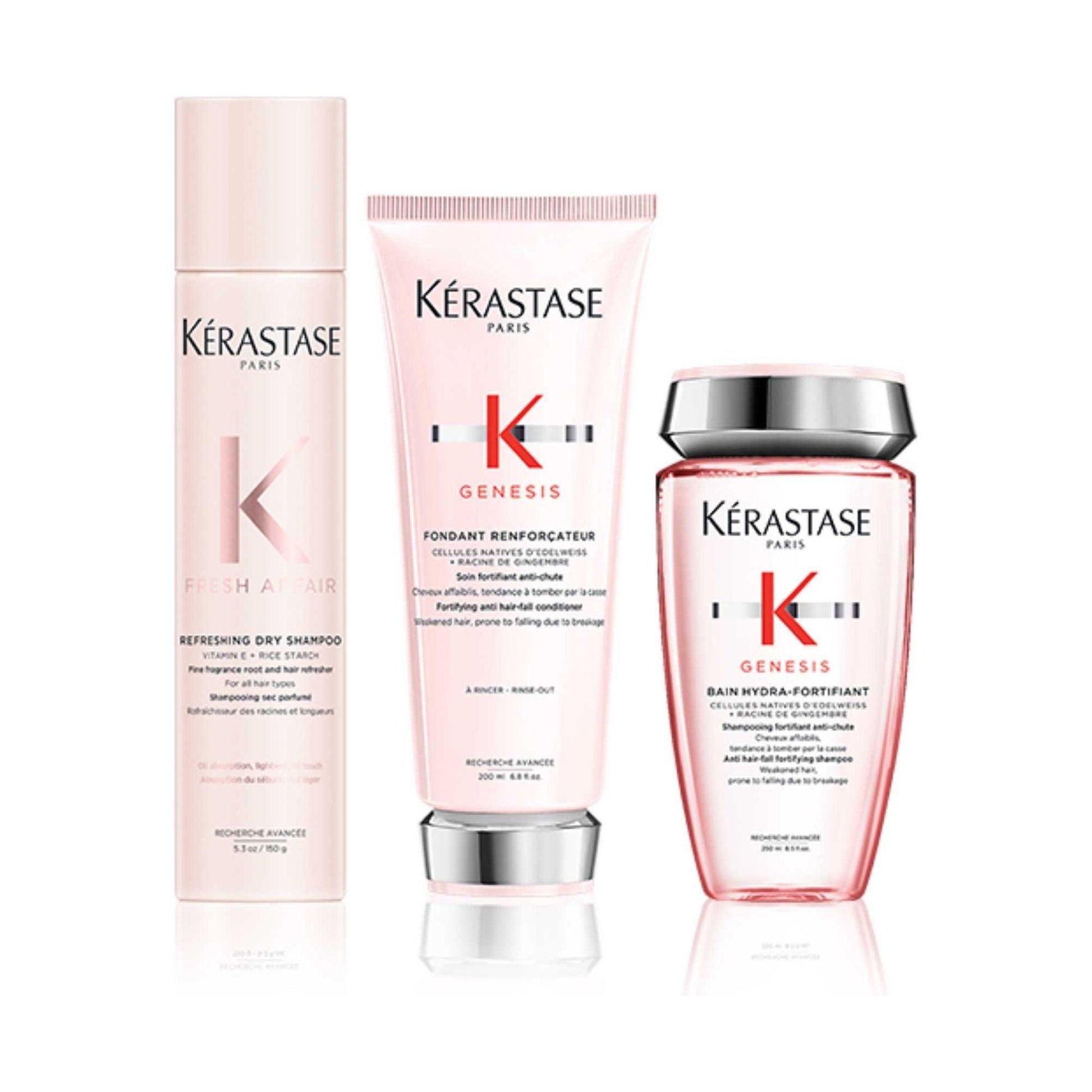 Kérastase Genesis hair care products, including dry shampoo, conditioner, and fortifying shampoo for hair strength and vitality