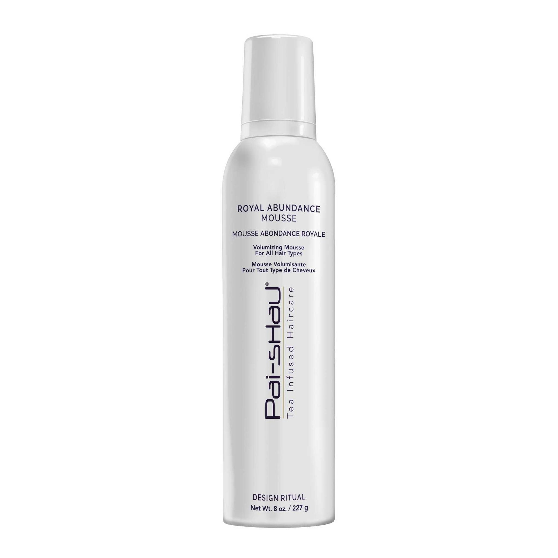 Royal Abundance Mousse bottle by Pai-Shau providing volume, shine, and moisture-rich bounce for hair styling.