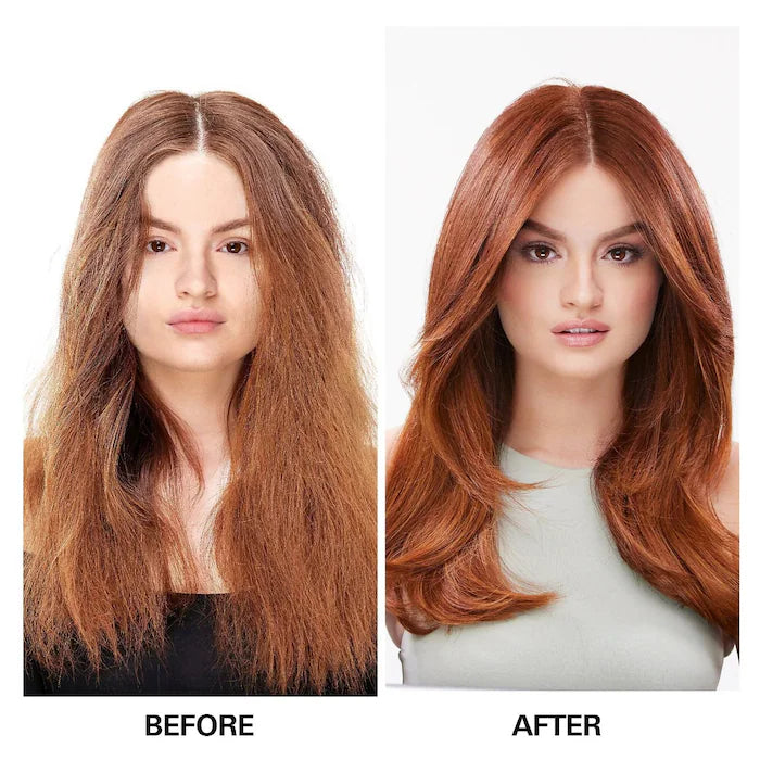 Side-by-side comparison of hair before and after using Dream Coat Supernatural Spray, showcasing smooth, glossy results.