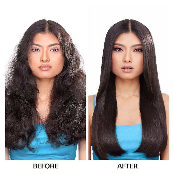 Before and after photo showing anti-frizz treatment results on hair, featuring smooth, glossy locks.