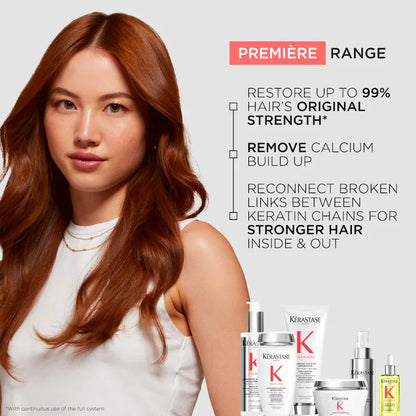 Model showcasing Kérastase Première Range for restoring hair strength and removing calcium buildup.