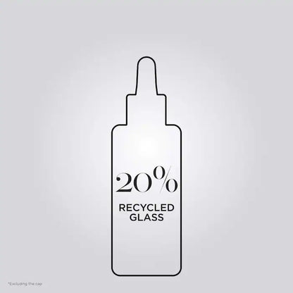 Bottle design showcasing "20% Recycled Glass" for eco-friendly packaging.
