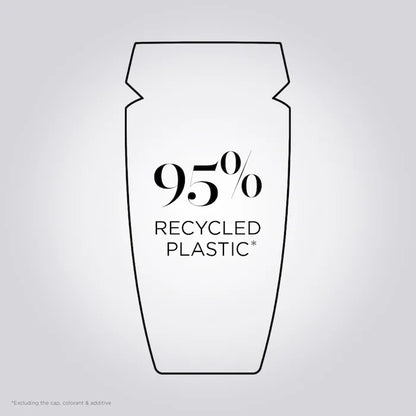 Bottle design featuring 95% recycled plastic, emphasizing eco-friendly packaging for hair care products.