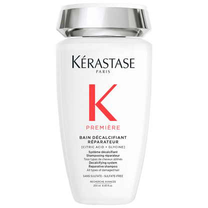 Kérastase Bain Décalcifiant Réparateur shampoo bottle for damaged hair, sulfate-free, 250ml size.