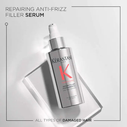 Kérastase Sérum Filler Fondamental for damaged hair hydration and anti-frizz treatment in sleek packaging.
