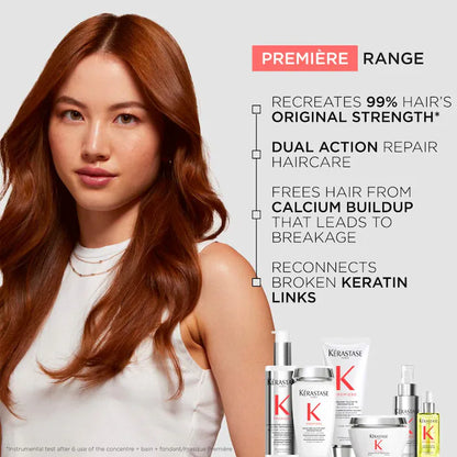Kérastase Première Range for damaged hair, promoting strength and reducing calcium buildup, featuring a model with healthy hair.