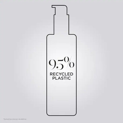 Bottle made from 95% recycled plastic, promoting eco-friendly packaging for hair treatment products.