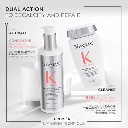 Dual-action hair treatment for damaged hair, featuring Kérastase Concentré and Bain products for decalcifying and repairing.
