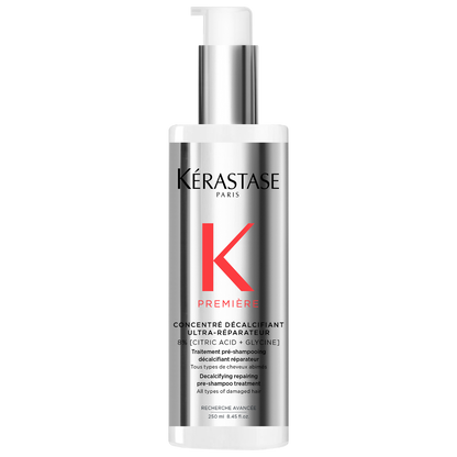 Kérastase Concentré Ultra-Réparateur Hair Treatment bottle for damaged hair, effective pre-shampoo calcium removal.
