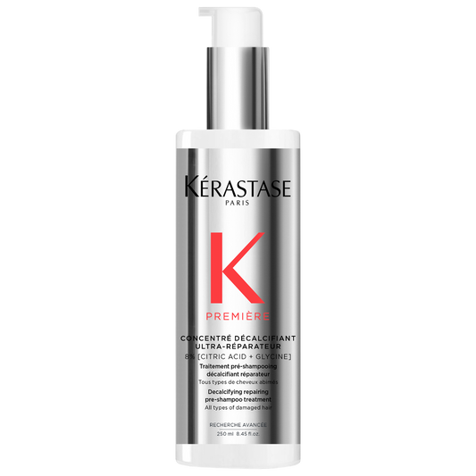 Kérastase Concentré Ultra-Réparateur Hair Treatment bottle for damaged hair, effective pre-shampoo calcium removal.