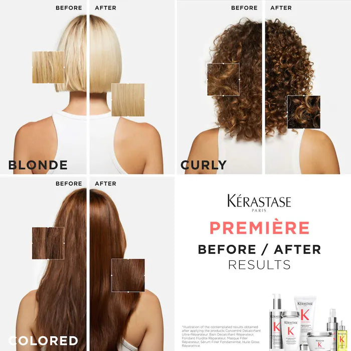 Before and after results showcasing Kérastase hair treatment on blonde, curly, and colored hair for damaged hair repair.