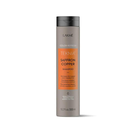 Saffron Copper Shampoo by Lakme, revitalizing shampoo for color-treated hair with saffron oil and lemon fragrance.