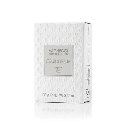 Equilibrium soap bar packaging by Vagheggi, 100g, neutral pH for oily and acne-prone skin, effective cleansing without residue.