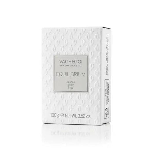 Equilibrium soap bar packaging by Vagheggi, 100g, neutral pH for oily and acne-prone skin, effective cleansing without residue.