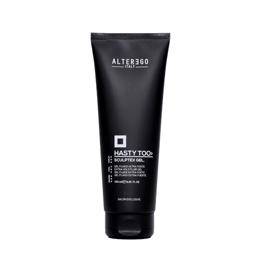 Sculptex Gel by Alterego Italy in a sleek black tube, designed for defining curls and adding volume to fine hair.