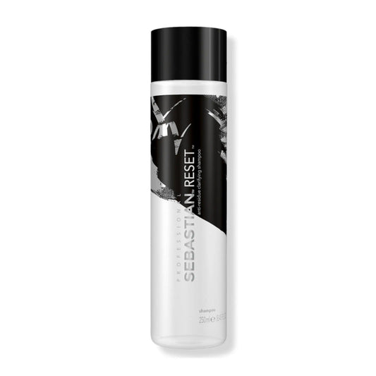 Sebastian Reset Shampoo bottle, a clarifying shampoo for color-treated hair, ideal for daily use and removing residue.
