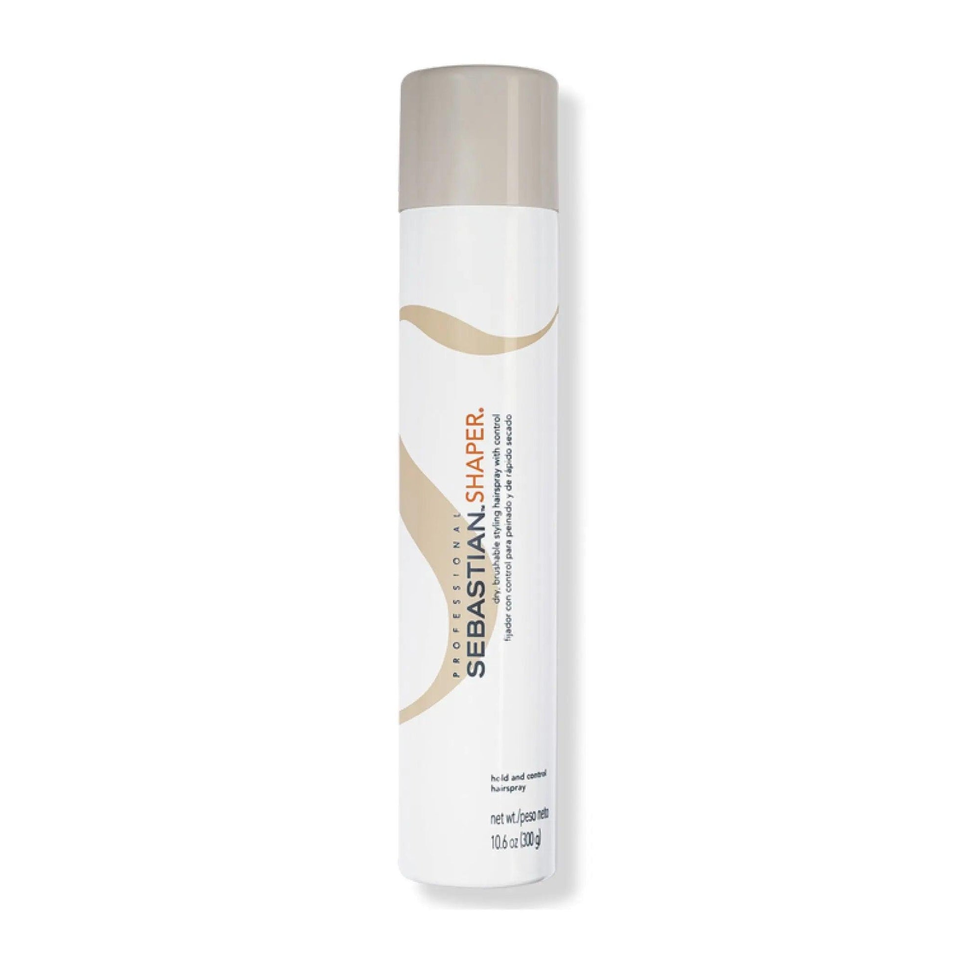 Sebastian Shaper Hold And Control Hairspray in a white and gold spray can, offering lightweight flexible control and medium hold.