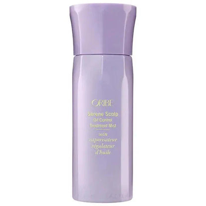 Oribe Serene Scalp Oil Control Treatment Mist in sleek purple bottle for oil control on all hair types.