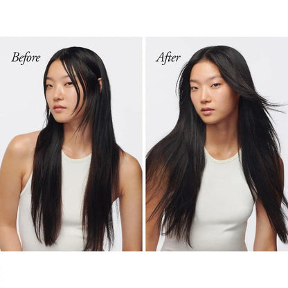 Before and after images showing healthy, refreshed hair using Serene Scalp Oil Control Treatment Mist.