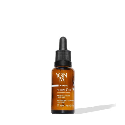 Serum C20 by Yon-Ka in a dropper bottle for anti-aging, radiance, and skin brightening, 30ml size.